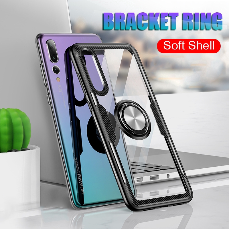 Huawei P20 Pro Lite Nova 4 4e Nova 3e Magnetic Ring Stand Holder Transparent TPU+PC Armor Case Cover