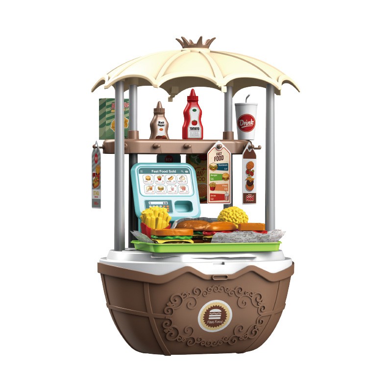 Bộ đồ chơi xe đẩy,vali kéo đầu bếp,bán hàng ăn nhanh lưu động thông minh màu vàng nâu cho bé trai, gái bằng nhựa hộp to