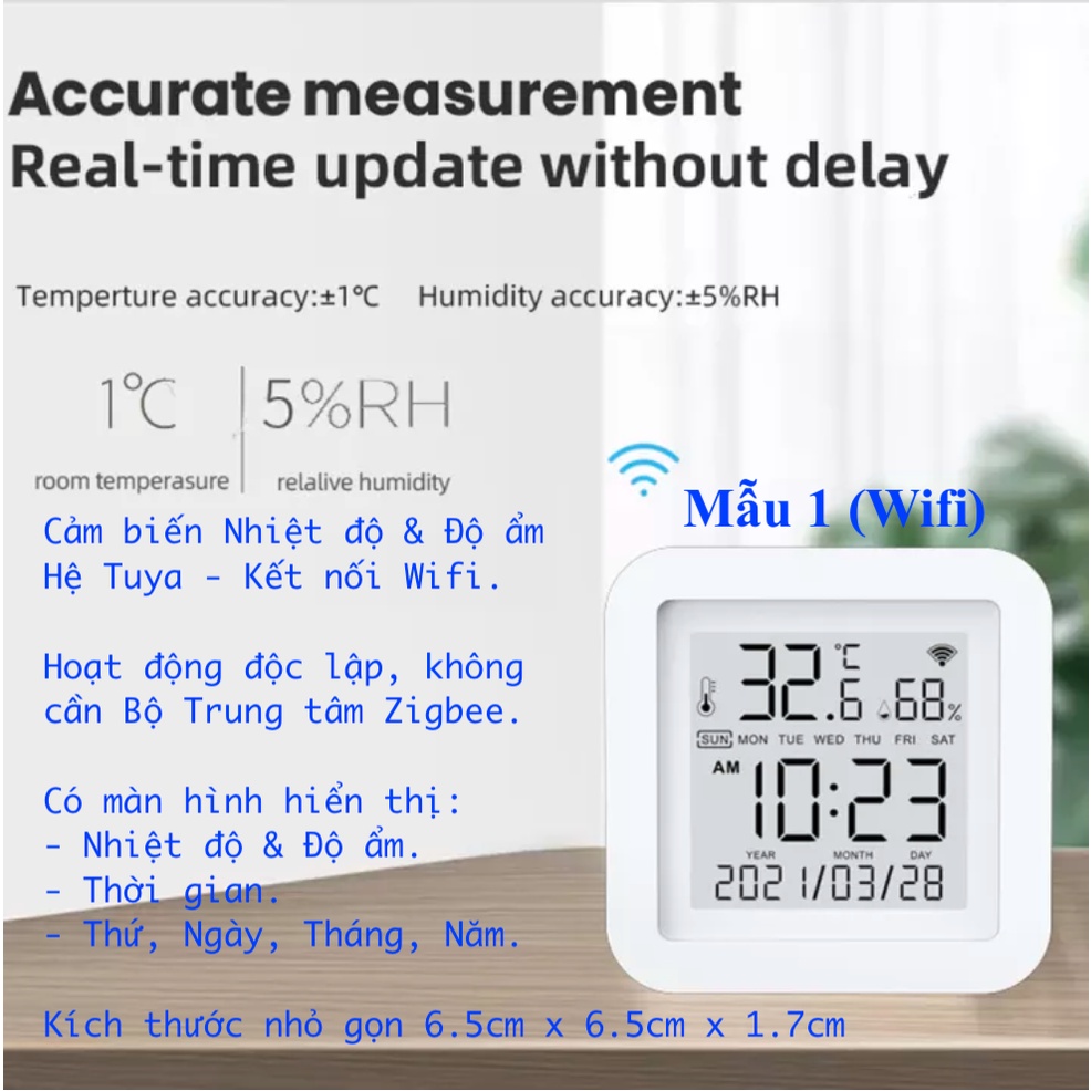 Cảm biến Nhiệt độ &amp; Độ ẩm, có màn hình hiển thị, kết nối Wifi, Hệ Tuya, App Smart Life/ Tuya