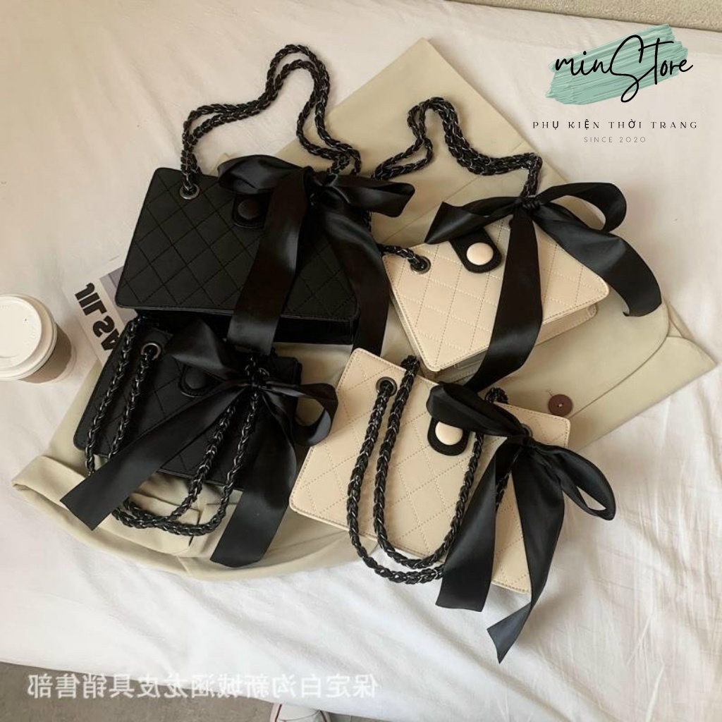 Túi xách nữ mã M04, túi đeo chéo, đeo vai, cúc bấm, thắt nơ đen, hàng quảng châu, chất lượng da cao cấp, đen trắng