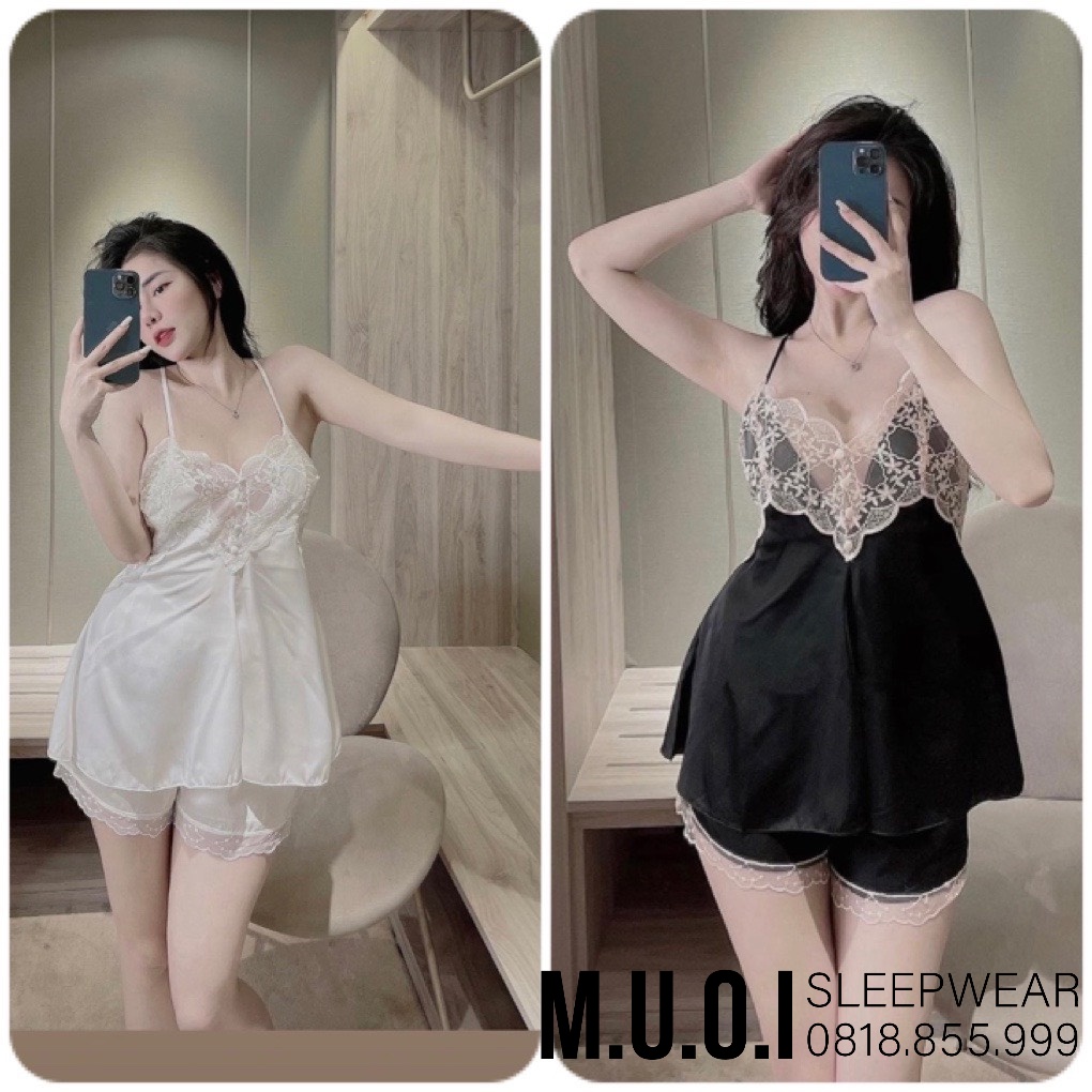 Bộ đồ ngủ lụa phối ren đan chéo lưng cúc bọc kèm mút ngực - BD 21 - QUẢNG CHÂU cao cấp