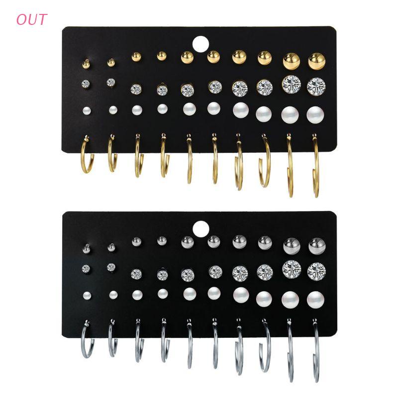 Set 20 cặp khuyên tai tròn mini đính hạt ngọc trai pha lê kim loại thời trang cho nam và nữ