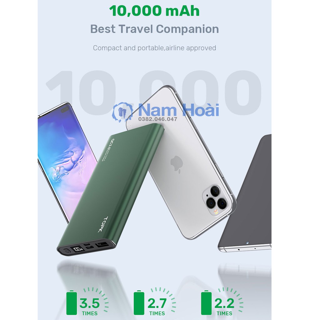 Sạc Dự Phòng TOPK I1006 10000mAh Cho iPhone Huawei Samsung Xiaomi Oppo Vivo Realme Hai Cổng Dung Lượng Có Màn Hình Led