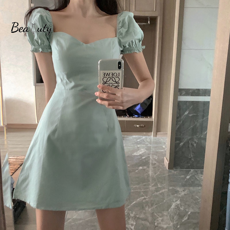 [MURIOKI] Đầm Dáng Chữ A Tay Phồng Cổ Chữ V Màu Xanh Lá Phong Cách Pháp Thanh Lịch Cho Nữ