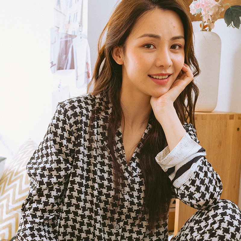 Set đồ ngủ tay dài họa tiết sọc caro thời trang trẻ trung cho nữ