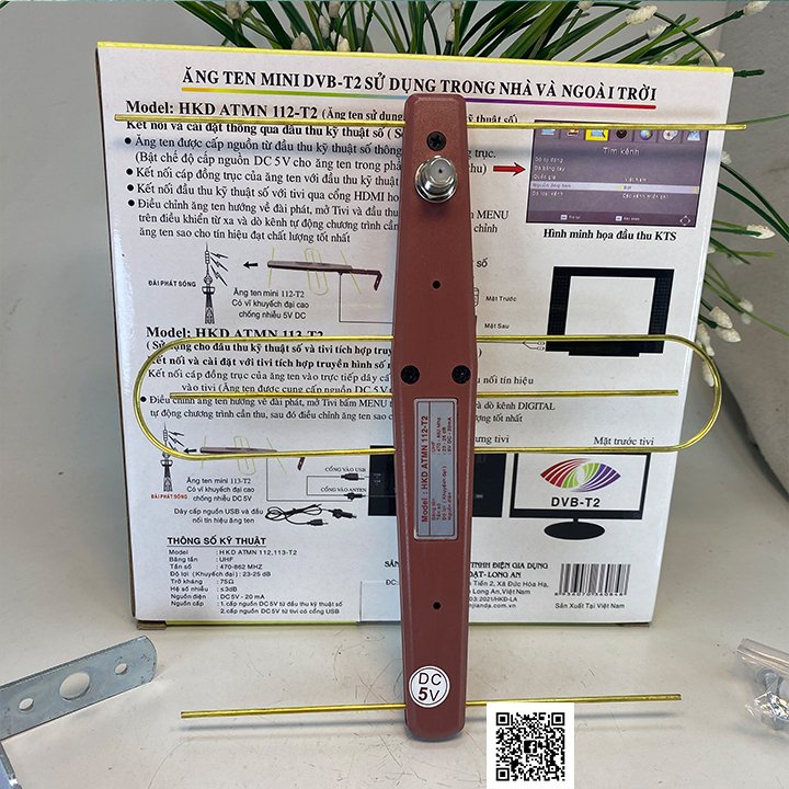 Bộ anten mini khuếch đại DVB-T2 thu truyền hình số mặt đất Hoành Kiến Đạt tặng cuộn cáp và dây cáp nguồn