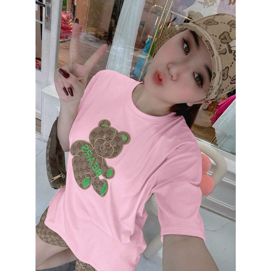 Sét bộ thời trang nữ mặc đi chơi chất cotton tay ngắn in hình gấu thêu gg mix quần đùi kaki