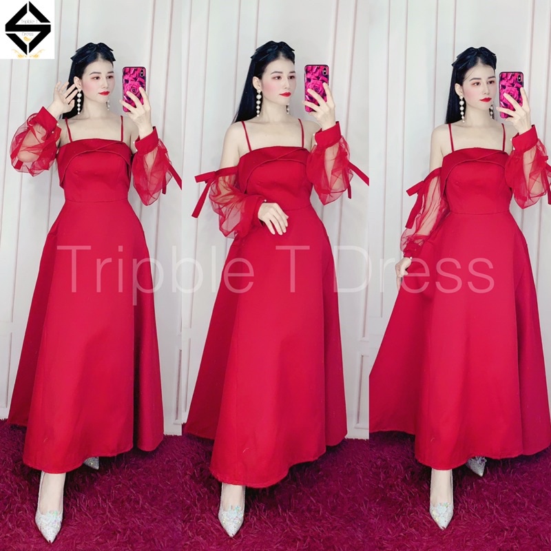 Đầm xoè rớt vai hai dây phối tay lưới có nơ tay chất lụa taffeta TRIPBLE T DRESS - size M/L - MS354V