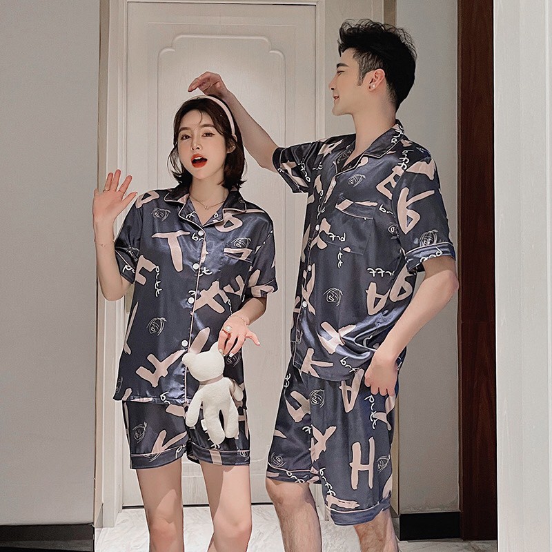 Bộ pijama nam nữ cộc tay chất liệu phi bóng cao cấp