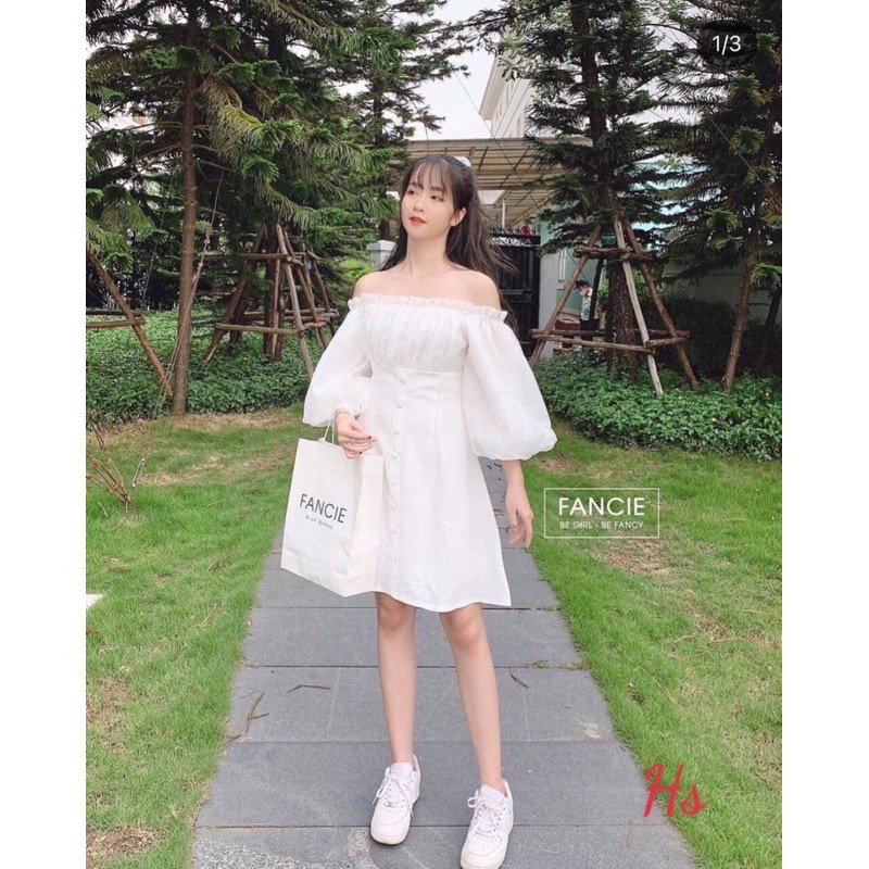 Đầm Nữ Voan Trễ Vai Tay Phồng 🦋 Váy Nữ Triết Eo Dáng Lỡ 2 Màu 🦋