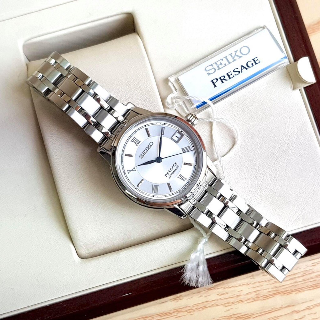 Đồng hồ Nữ chính hãng Seiko Presage Automatic SRP857J1 Mặt trắng,Lịch ngày,-Máy cơ tự động-Dây kim loại-Sizen 34mm