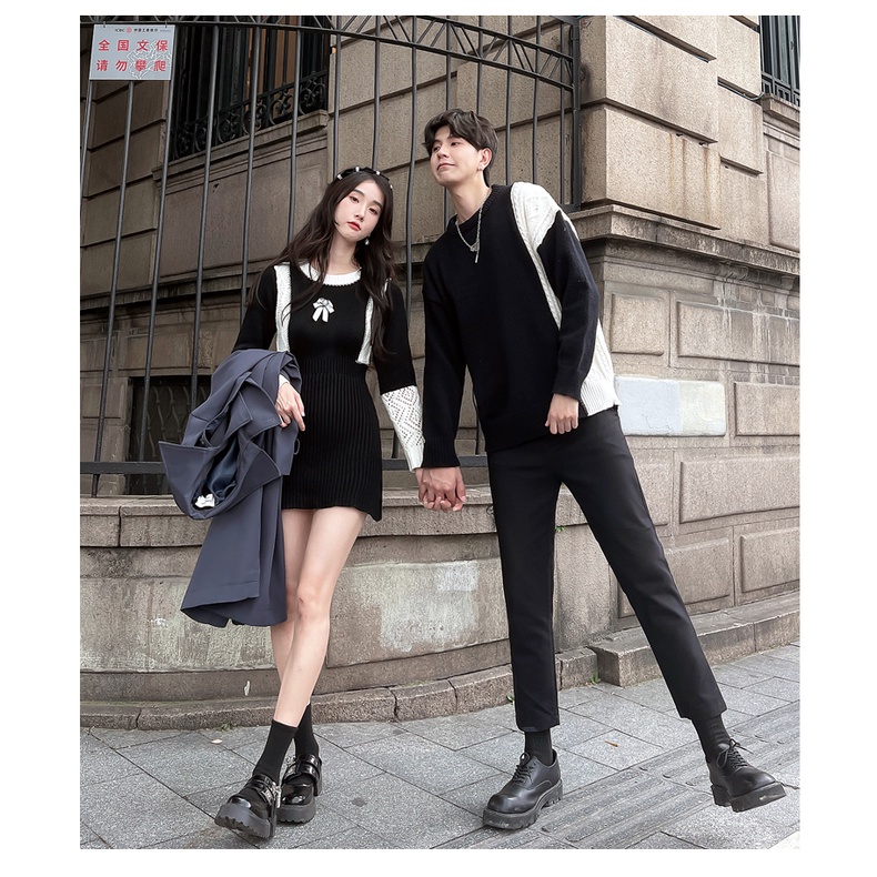 New oder. Set đồ đôi tình nhân, áo len nam và váy đầm len body phối màu đen trắng kiểu cách.