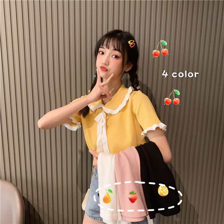 Áo Dệt Kim Tay Ngắn Dáng Rộng Phối Nơ Xinh Xắn Dành Cho Nữ