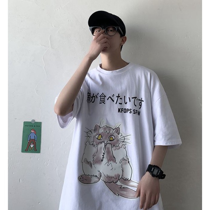 ÁO THUN, ÁO PHÔNG TAY LỠ UNISEX FORM RỘNG OVERSIZE CAT ANIME M256 KL SHOP