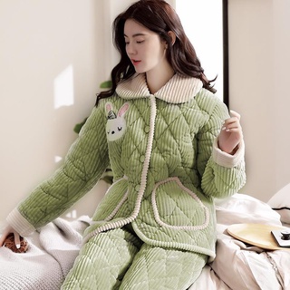 Bộ đồ ngủ của phụ nữ mùa thu / đông ba lớp vải nỉ dày chần bông có thể mặc bên ngoài
