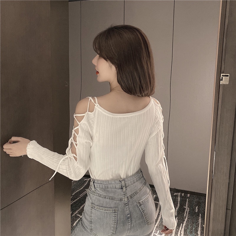 Porozi  Áo dệt kim  tay dài hở vai màu sắc trơn phong cách Hàn Quốc dành cho nữ
