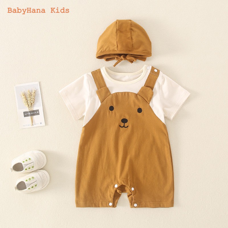 Bộ Bodysuit cho bé, body yếm kèm mũ hình gấu cho bé trai bé gái từ 0-12 tháng