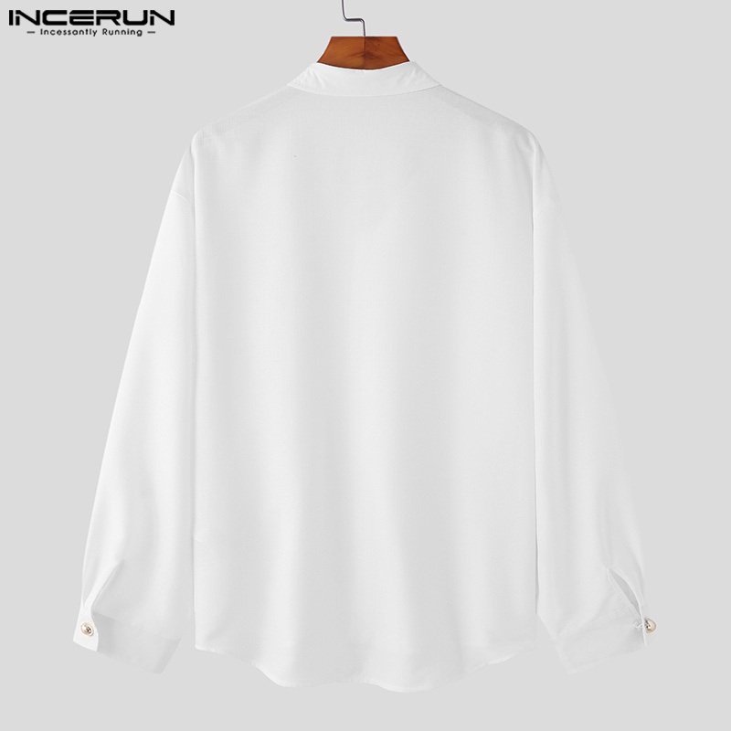 Áo sơ mi INCERUN tay dài cổ chữ V màu trơn dành cho nam
