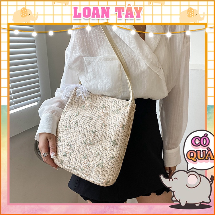 Túi Đeo Chéo Chất Cói Xô Đi Biển Thêu Cây Hoa Style Korea Mới Xinh