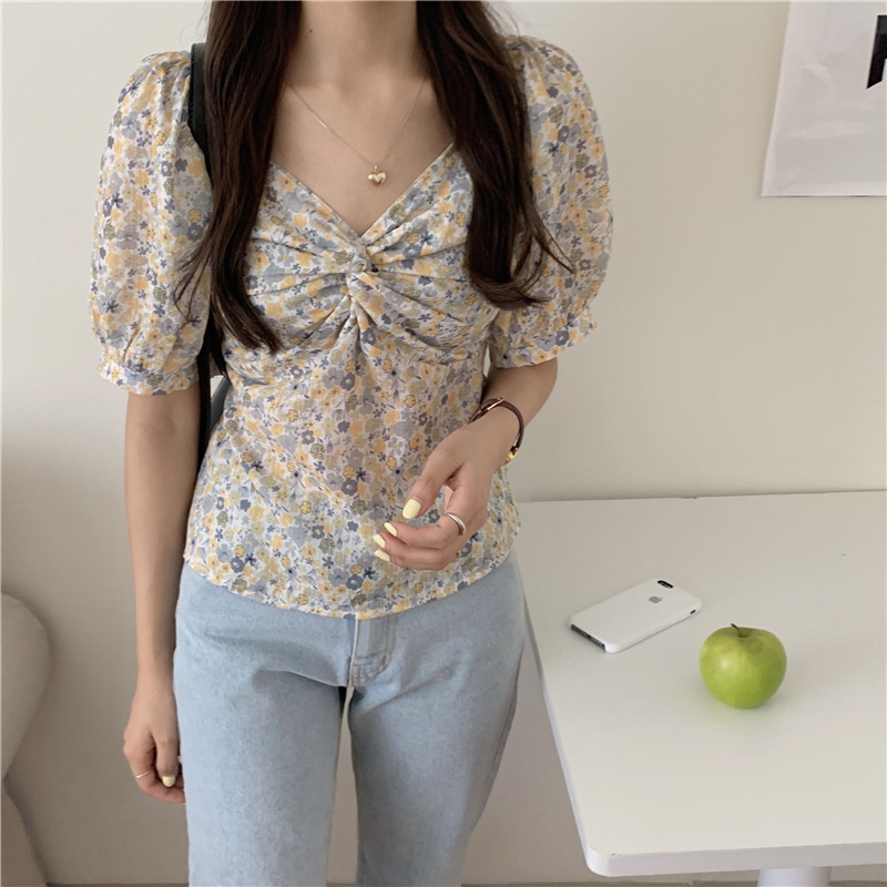 SUXI Áo Croptop Tay Phồng Cổ Vuông Họa Tiết Hoa Xinh Xắn Cho Nữ