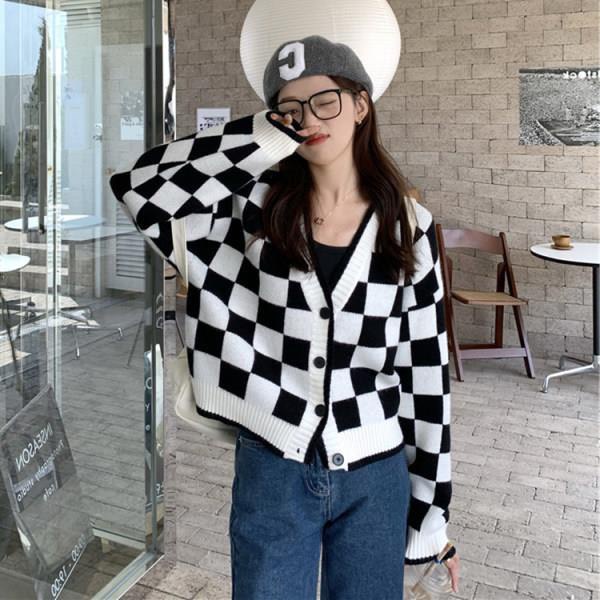 Áo khoác len áo cardigan len sọc caro xanh dáng croptop phong cách trẻ trung cá tính PANOSI - A665