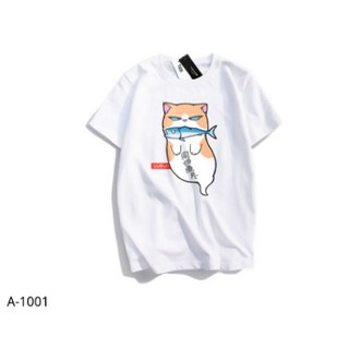 Áo Thun Nam Nữ Tay Lỡ Unisex Phông Trơn Oversize Form Rộng Basic Tee Hình mèo ôm cá