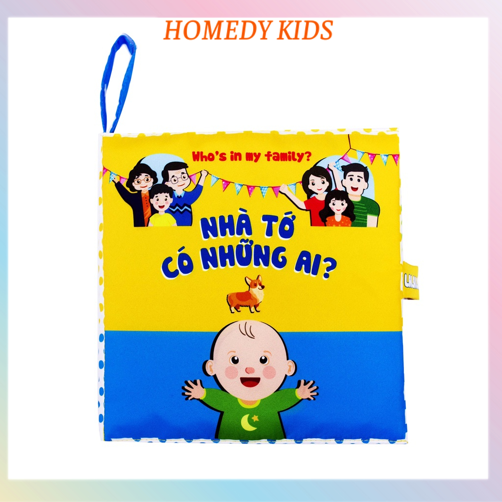 Sách vải song ngữ cho bé đa tương tác chủ đề Nhà tớ có những ai? - Who's is my family? 18x18cm 12 trang homedy kids