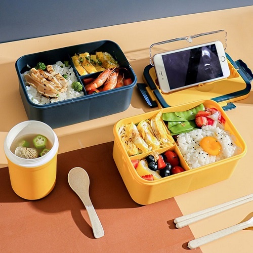 Hộp Cơm Văn Phòng Lúa Mạch 3 Ngăn Giữ Nhiệt Đựng Thức Ăn Cao Cấp Kèm Muỗng Đũa