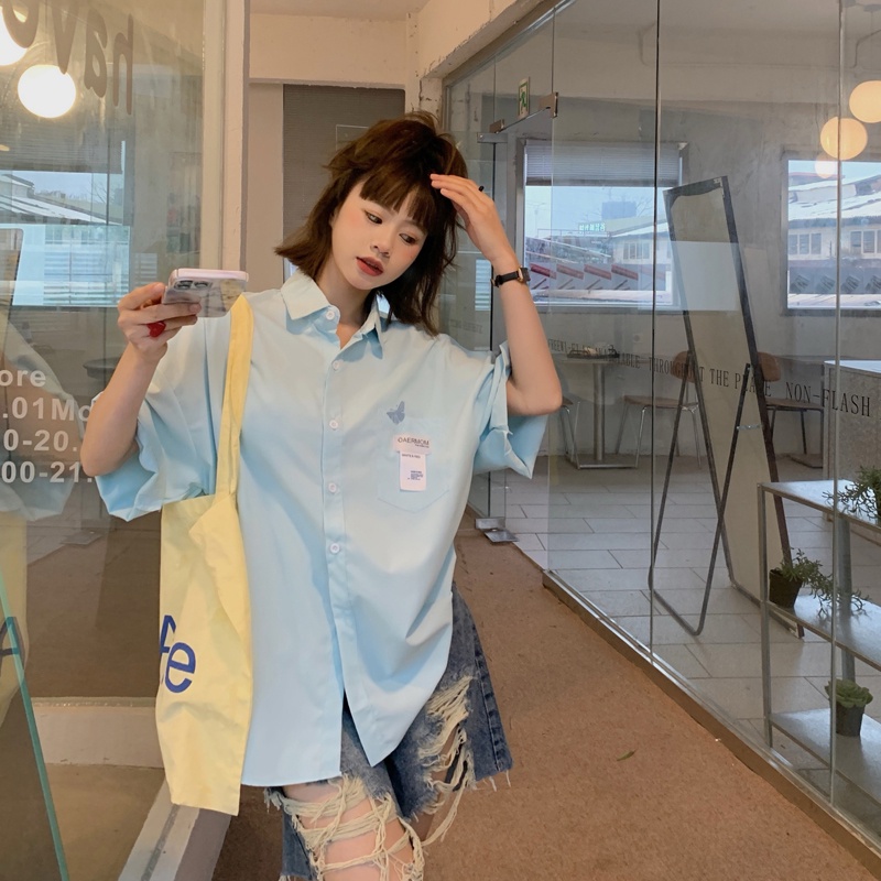 Áo Sơ Mi Tay Ngắn Dáng Rộng Phong Cách Hàn Quốc Mới Dành Cho Nữ