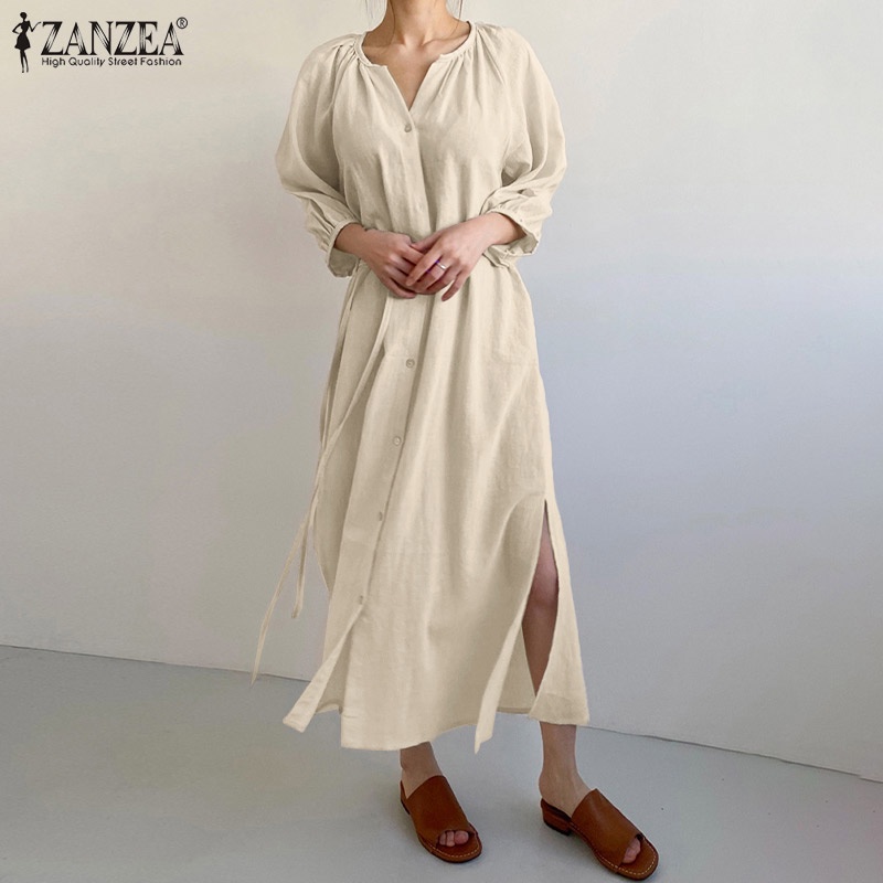 Đầm dài ZANZEA xẻ tà cổ tròn tay lỡ thời trang cho nữ