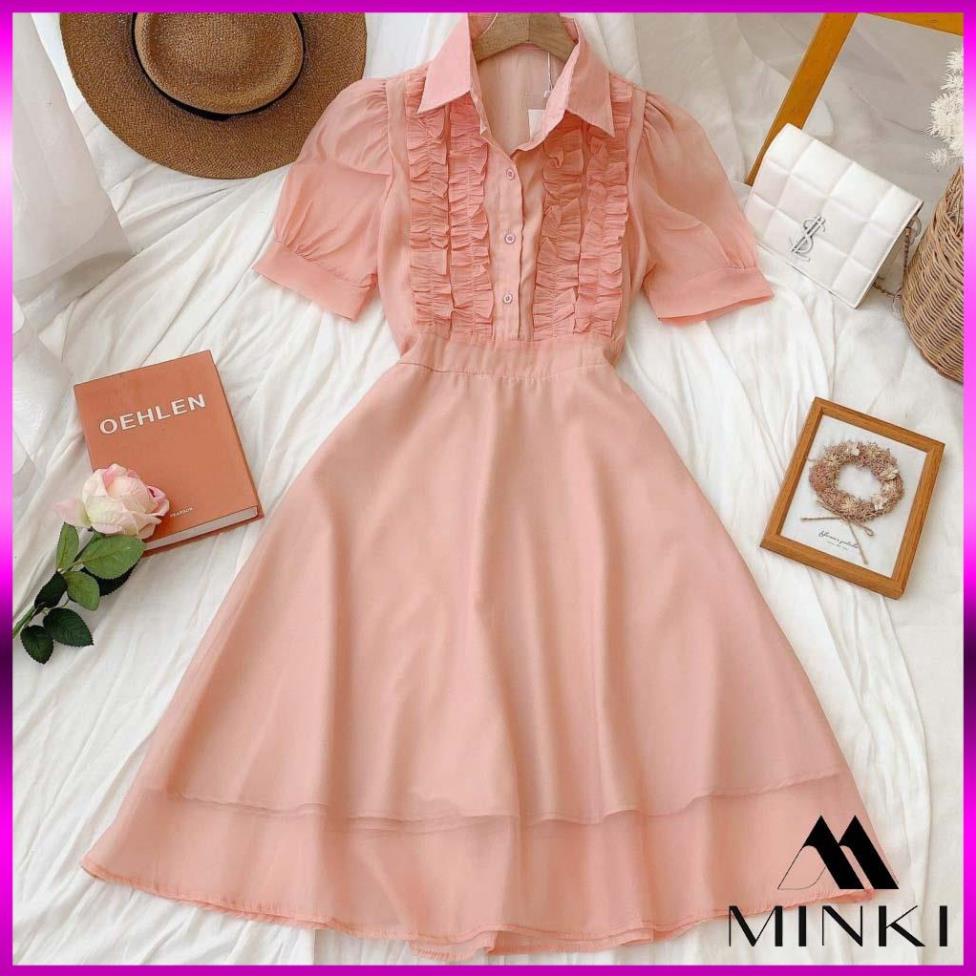 [SIÊU HOT] ĐẦM SƠ MI TAY BỒNG DỊU DÀNG - CHẤT LIỆU VOAN TƠ CAO CẤP - MÀU HỒNG/ NUDE | BigBuy360 - bigbuy360.vn