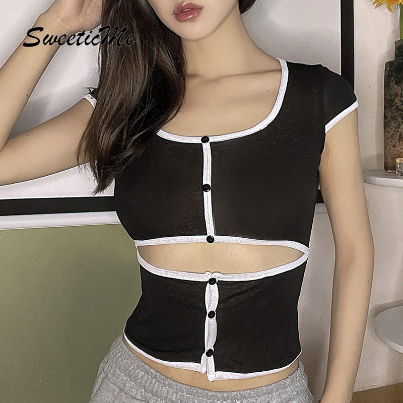 Áo Thun Tay Ngắn Dáng Ôm Phối Màu Độc Đáo Thời Trang Cho Nữ