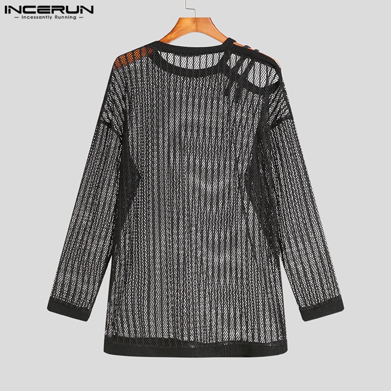 Áo thun INCERUN tay dài cổ tròn xuyên thấu thời trang tùy chọn màu sắc dành cho nam