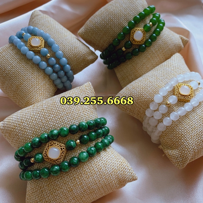 [Giá Sỉ Chuỗi Vòng Đá] mix charm vuông mặt đá trắng cuốn 3 vòng tay tặng hộp gấm