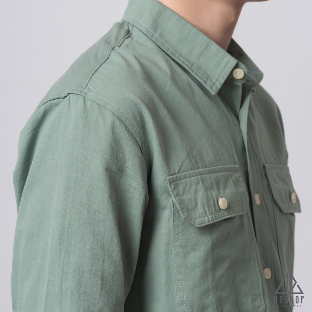 Áo sơ mi D2shop, áo sơ mi nam dài tay vải kaki túi hộp, màu xanh