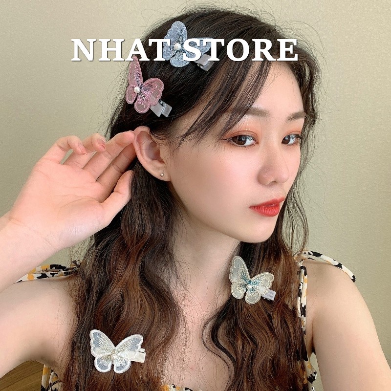 Kẹp tóc mái thời trang cho nữ, kẹp mỏ vịt hình bướm thêu Nhat Store