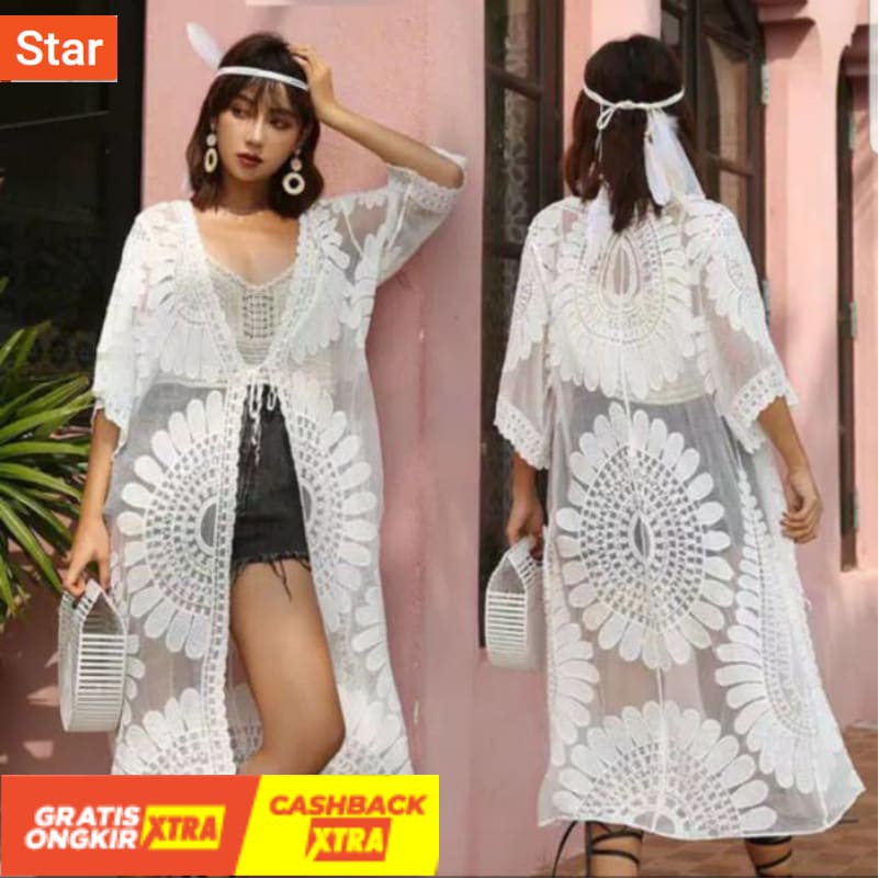 Áo Khoác Cardigan Dáng Dài Phối Ren Phong Cách Hàn Quốc Thời Trang Đi Biển Cho Nữ