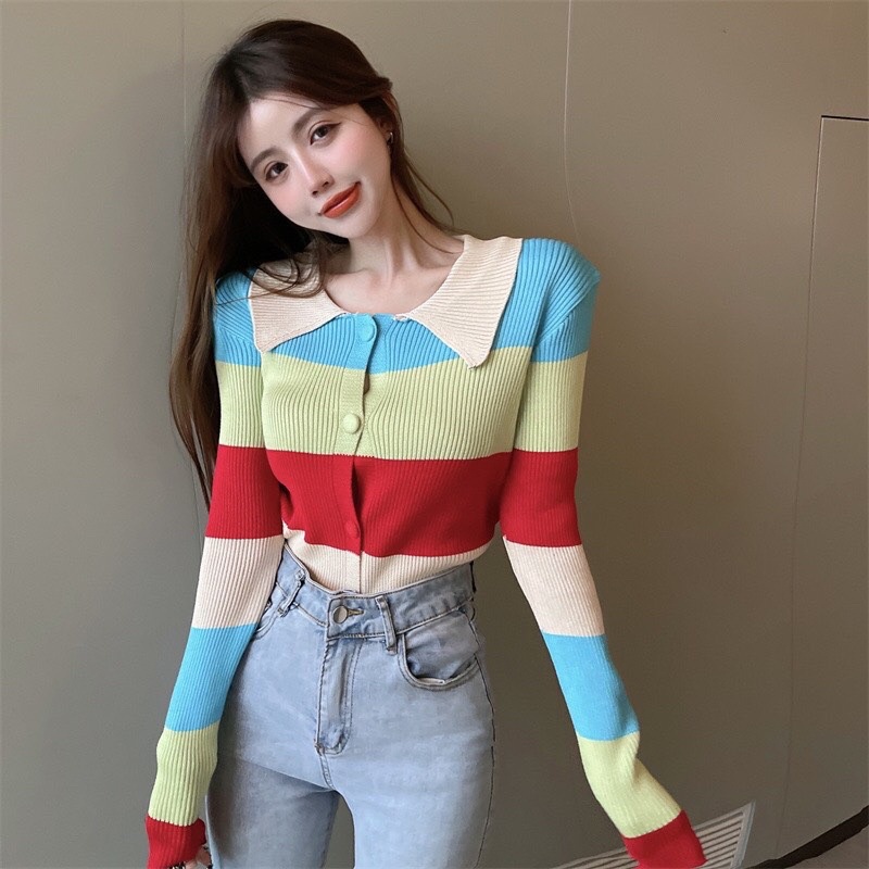 Áo Len Nữ Hàn Quốc VAYO Áo Len Tay Dài Nữ Cổ Bẻ Thời Trang Quảng Châu Dáng Ôm Kẻ Sọc Nhiều Màu Dưới 53kg | BigBuy360 - bigbuy360.vn