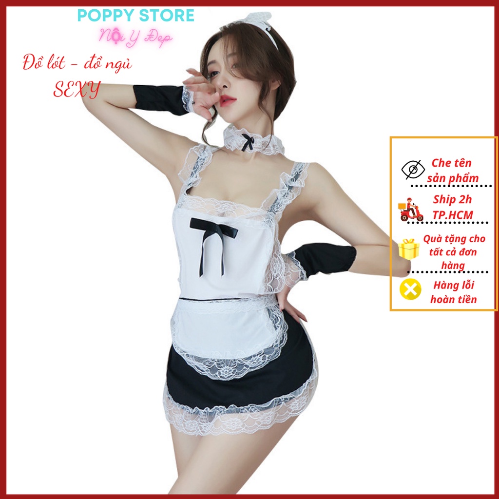 Cosplay sexy - nàng hầu gái tạp dề trắng phiên bản mới, váy ngủ sexy anime Nhật Bản, full set bao gồm 6 món 40-70kg AT11