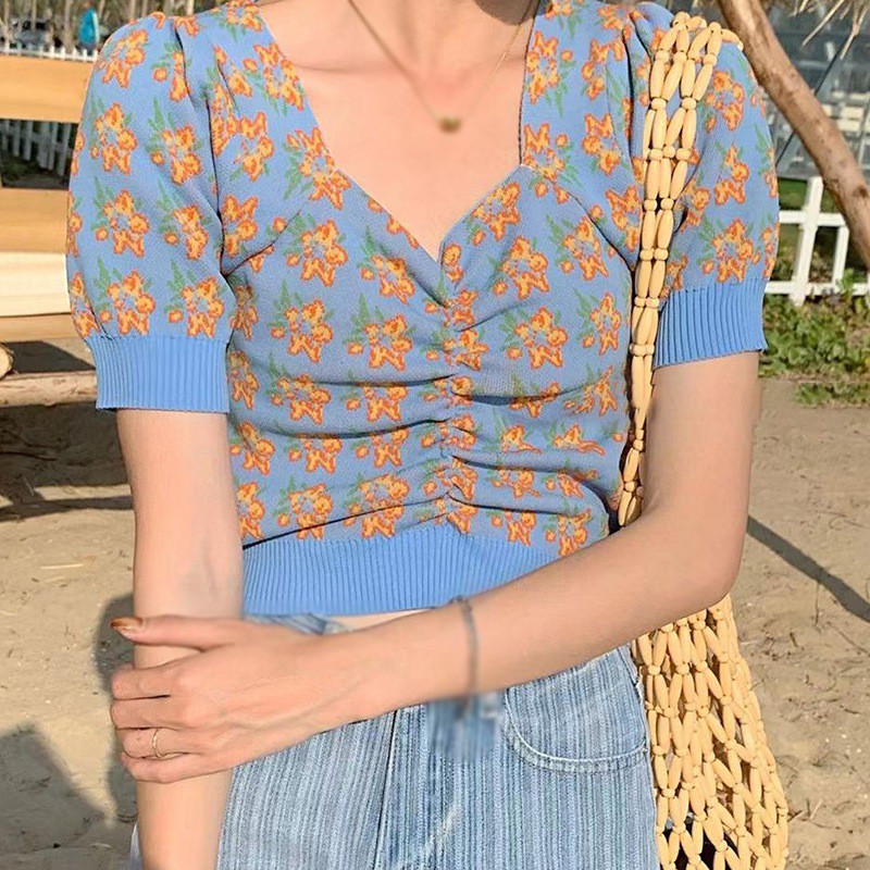 Áo Lửng Ngắn Tay In Họa Tiết Hoa Quyến Rũ Dành Cho Nữ