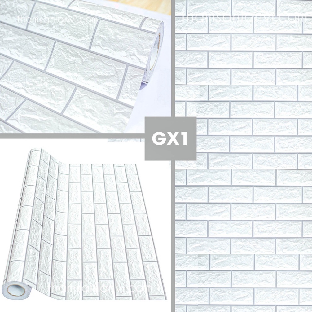 Giấy dán tường giả gạch xám trắng văn 3D decal có sẵn keo mặt sau khổ 1,2m