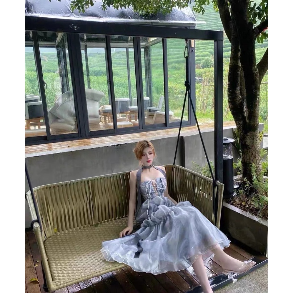 Đầm dây rút ngực váy phồng tầng 2 lớp voan màu xanh xám thanh lịch độc đáo Dayu