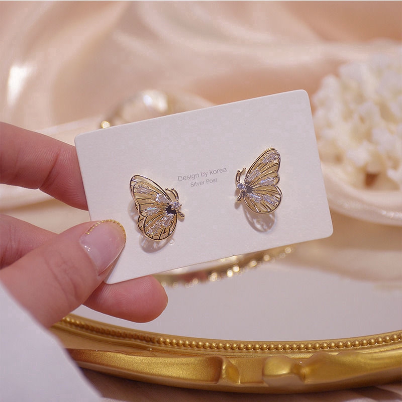 925 Silver Needle Vintage Hollow Butterfly Stud Earrings Diamond Earrings C338