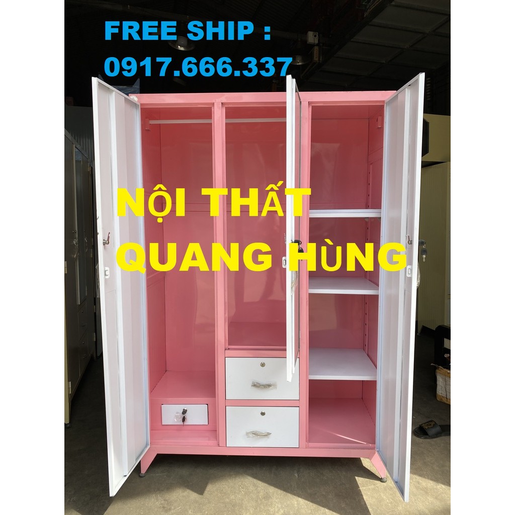 TỦ SẮT 3 CÁNH MÀU HỒNG SƠN TĨNH ĐIỆN -  GIAO HÀNG MIỄN PHÍ