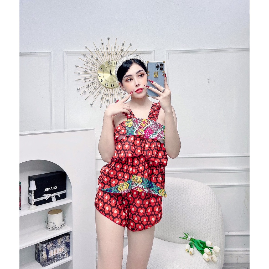 Đồ Bộ Nữ Lụa Cao Cấp Phối Bèo 3 Tầng Nhiều Mùa Cực Sexy Và Thoáng Mát Mặc Nhà Mặc Đi Ngủ Freesize Dưới 57KG