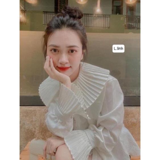 Áo Sơ Mi Trắng Nữ Cổ Bèo Dập Li Tay Loe Tiểu Thư