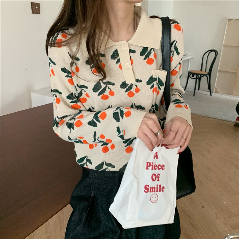 Áo kiểu PURE CUBE dệt kim tay dài dáng rộng cổ polo in họa tiết quả cherry phong cách Hàn Quốc xinh xắn cho nữ