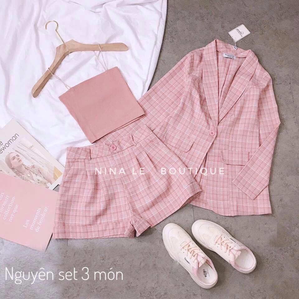 Sét Vest 3 Món Caro Kèm Áo Thun 2 Dây +Quần Short Ngắn Sang Chảnh | BigBuy360 - bigbuy360.vn