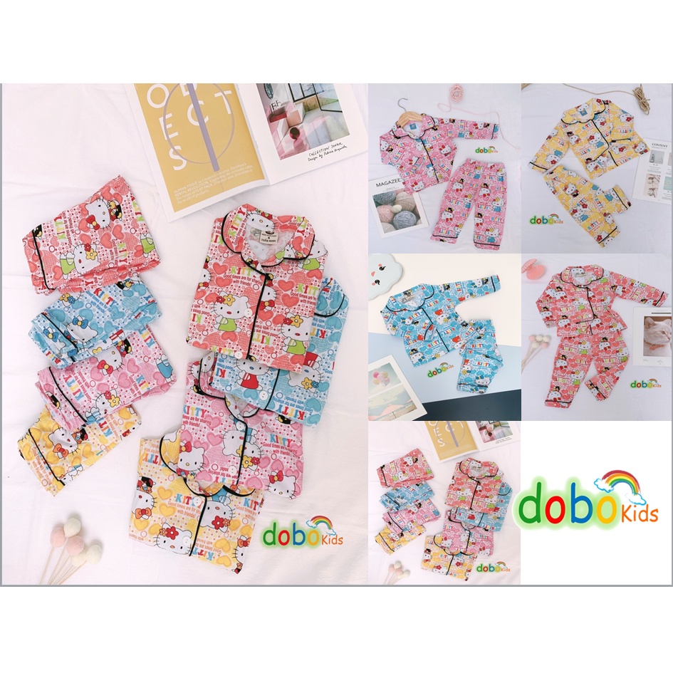 Đồ bộ ngủ dài tay bé trai bé gái,pijama trẻ em Dobokids hình mèo kitty chất thun cotton co dãn thoáng mát size 18-33kg