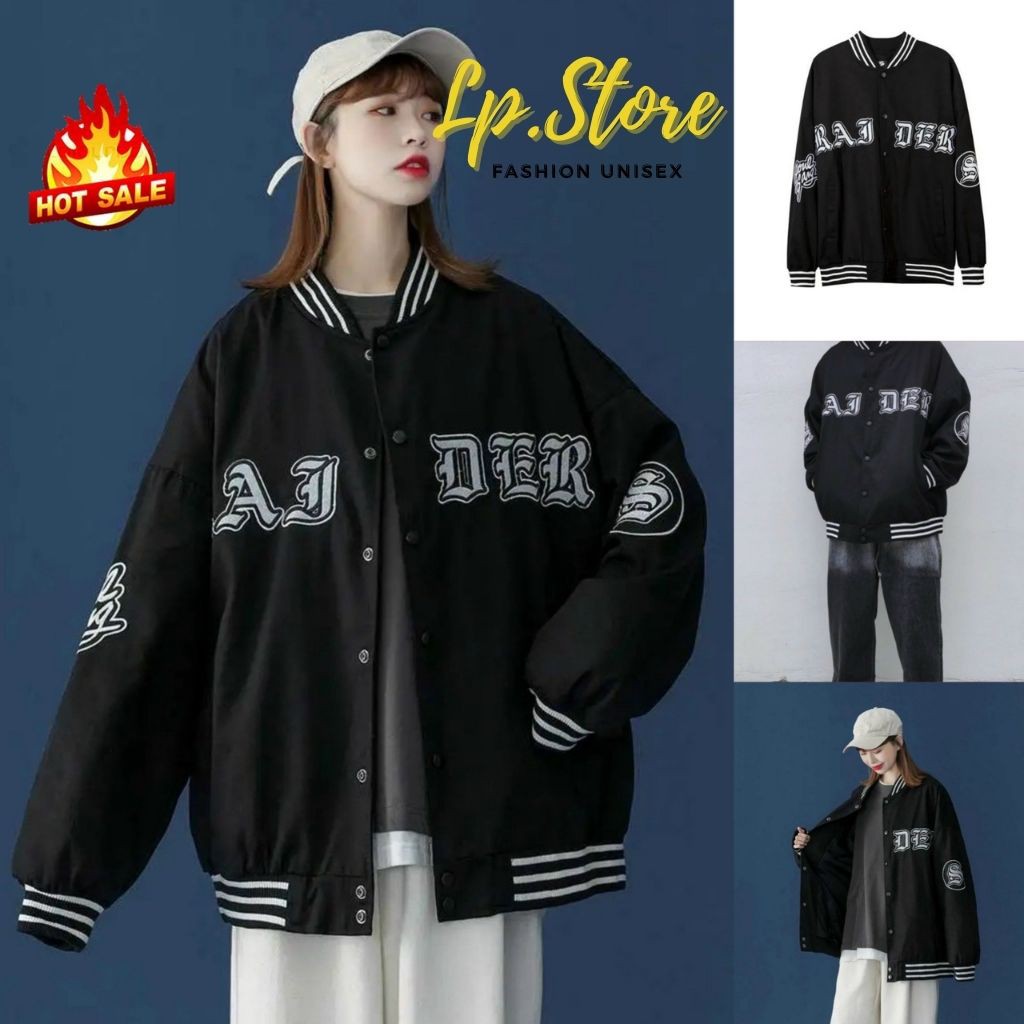 Áo Khoác Bomber Bóng Chày - Áo Khoác Dù Nam Nữ Unisex RAJDER Màu Đen Có Form Rộng XL - LP.STORE